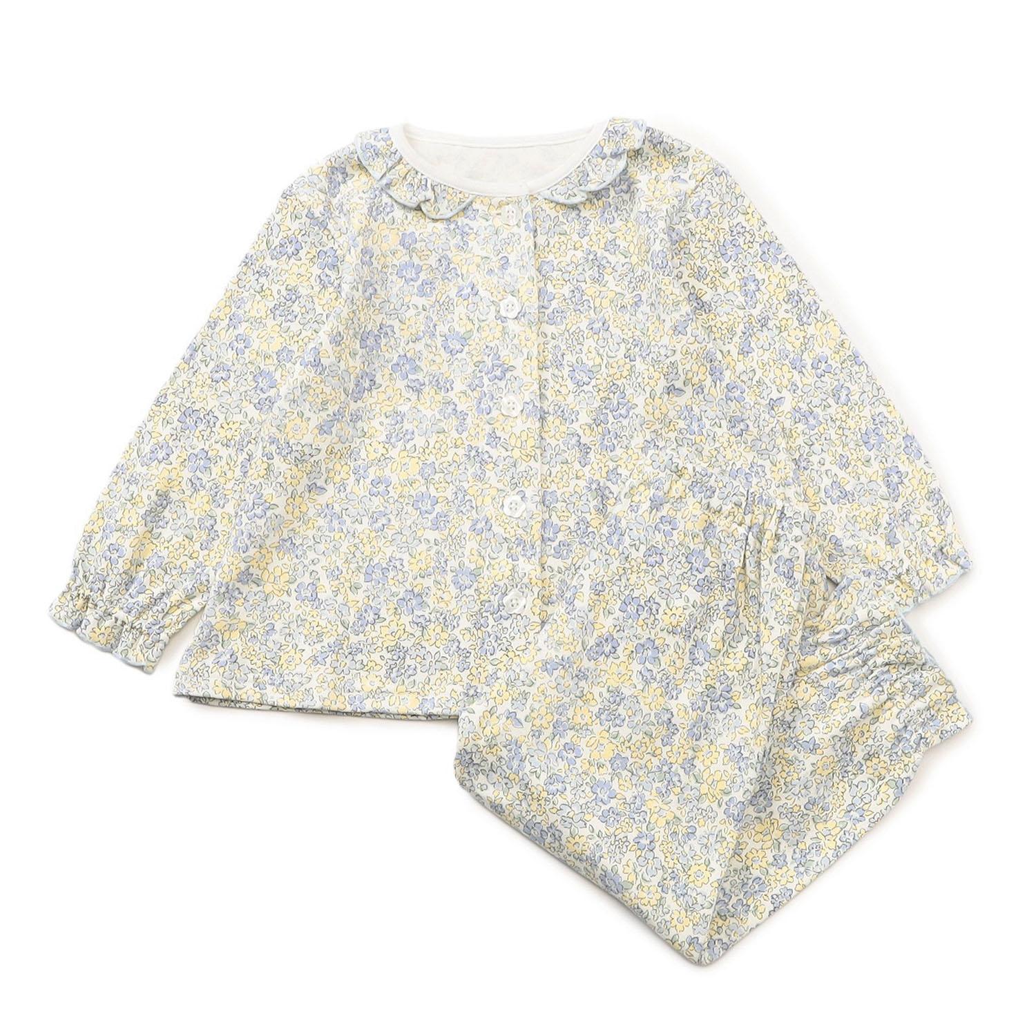 Small Floral Print Front-Opening Pajamas, Sax Blue, 100cm