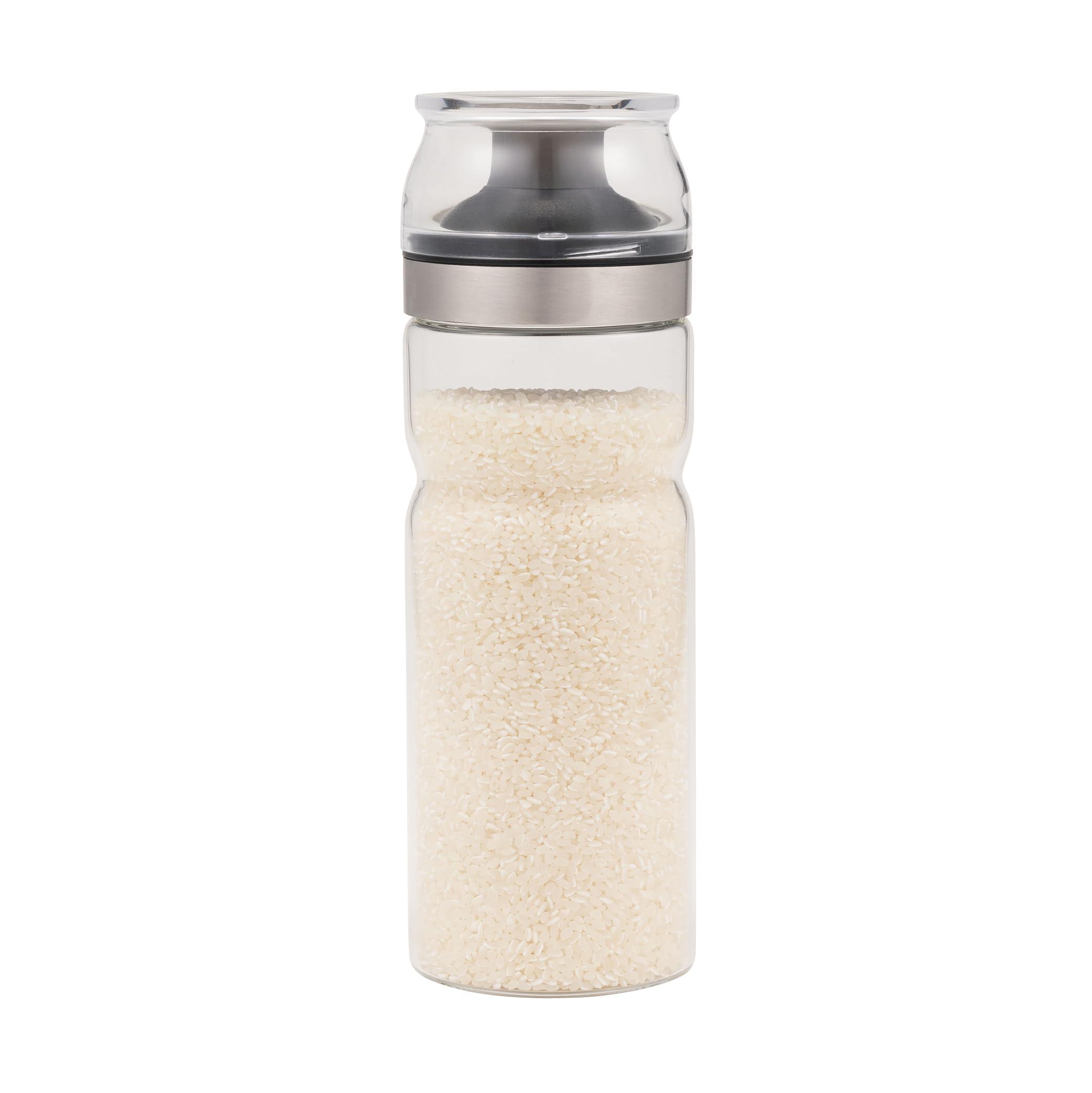 CB Japan Rice Storage Container Refrigerator-Safe Rice Stocker 1kg with Measuring Cup Heat-Resistant Glass Side Pocket Storage Refrigerator-Safe Airtight Rice Storage Bottle 1kg atomico