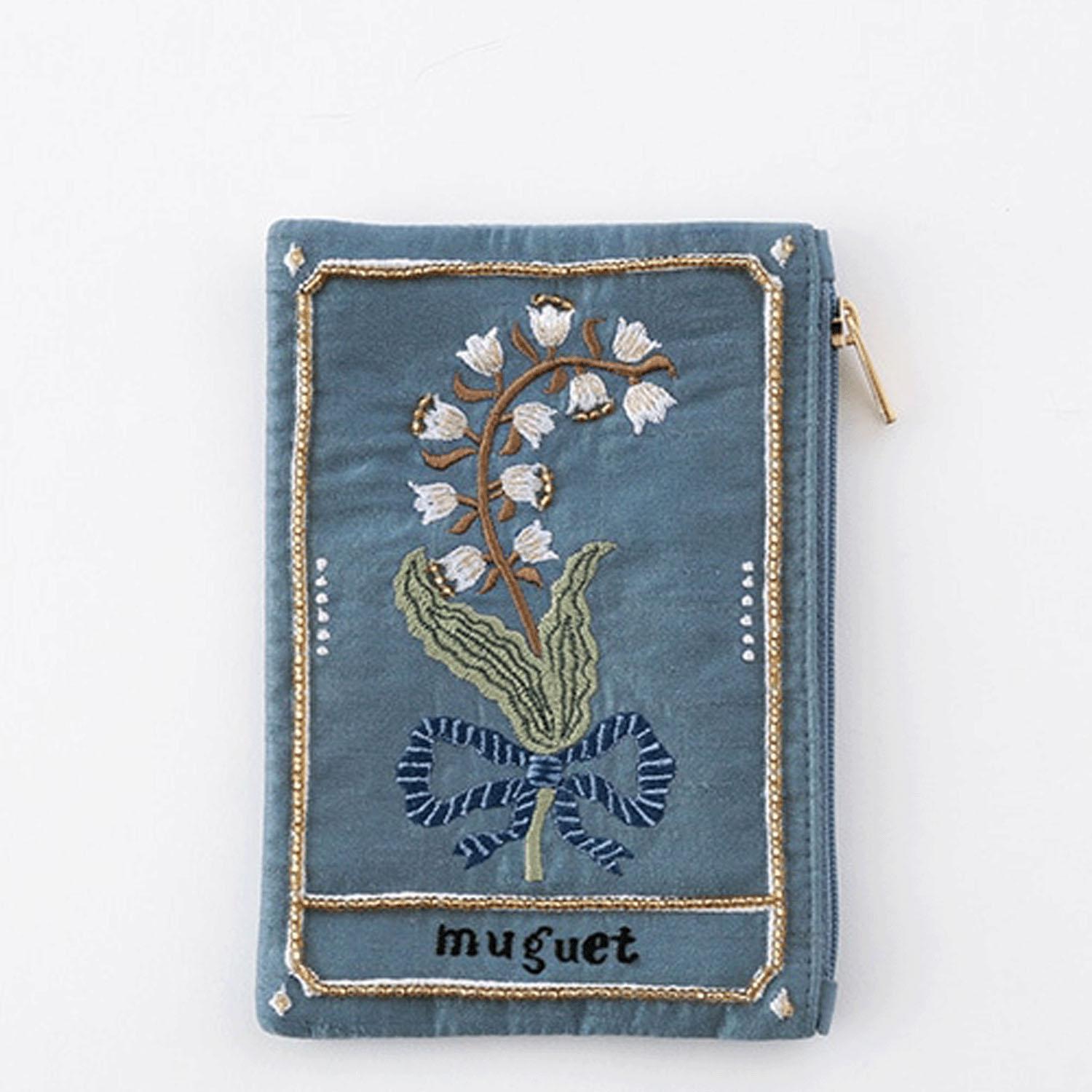 Botanical Embroidered Pouch Marine Blue