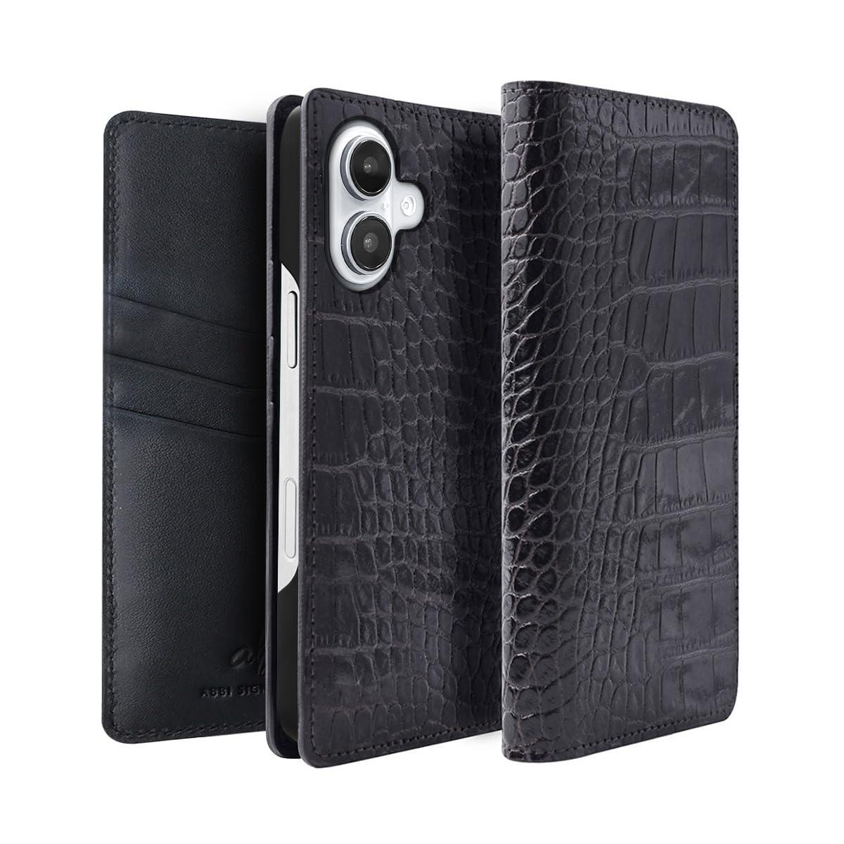 ABBI SIGNATURE iPhone 16 Case Made in Japan Wallet-Style Italian Genuine Leather LIPARI Diary Case MagSafe Compatible [ Vegetable-Tanned Leather Crocodile Embossed Handmade Leather Case Wireless Charging ] iPhone...