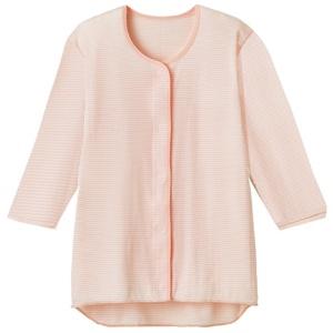 Plus Heart One-Touch Underwear Front-Opening Women's 1-Piece 7/8 Sleeve L Pink Border 100% Cotton 74820