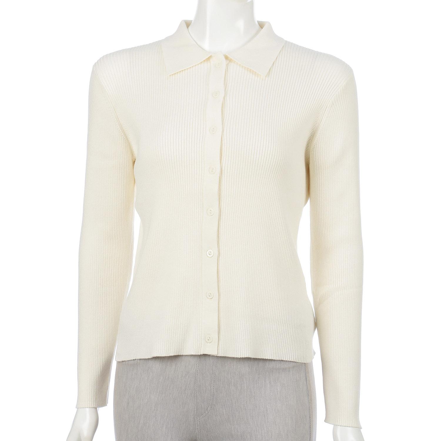 Suvin Cotton Polo Collar Rib-Knit Cardigan White F (Free)