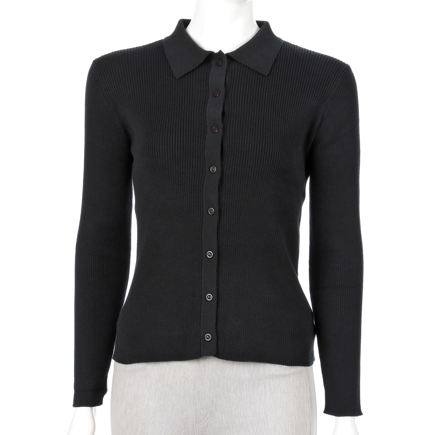 Suvin Cotton Polo Collar Rib-Knit Cardigan - Black - F (Free Size)