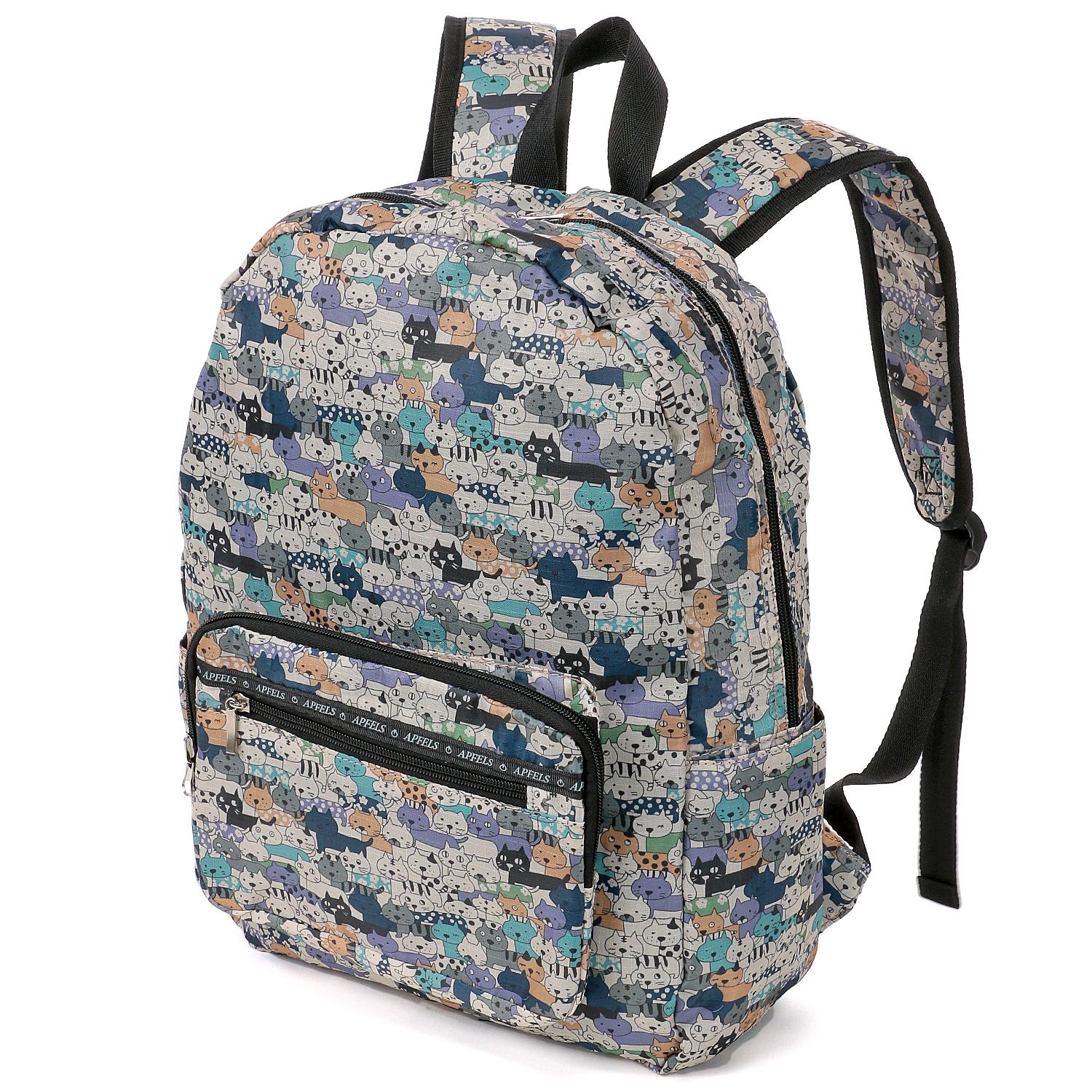 Cat-Print Compact Backpack, Navy Blue