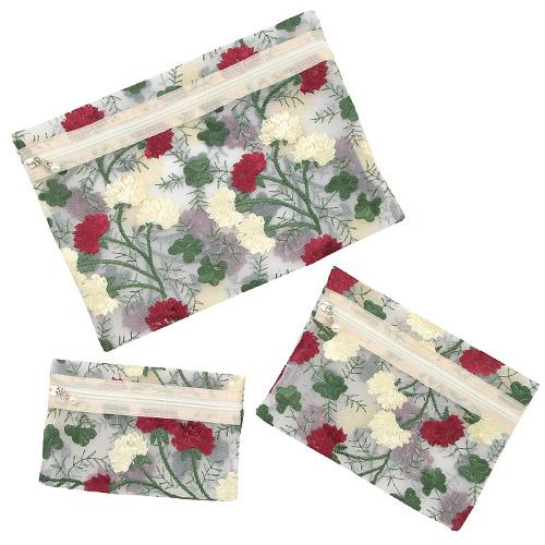 Mesh 3-Pocket Pouch with Rose Embroidery Pattern