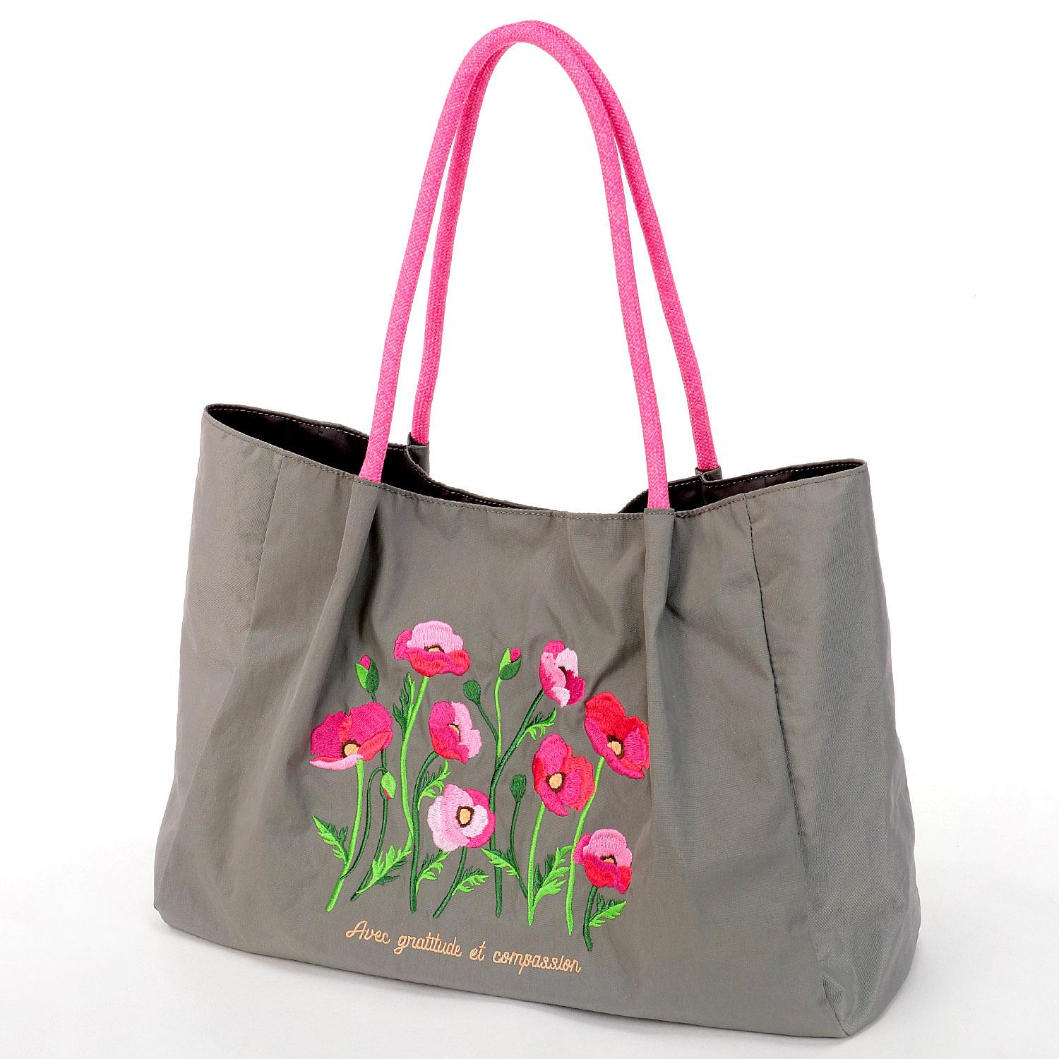 Flower Embroidered Tote Bag: Poppy