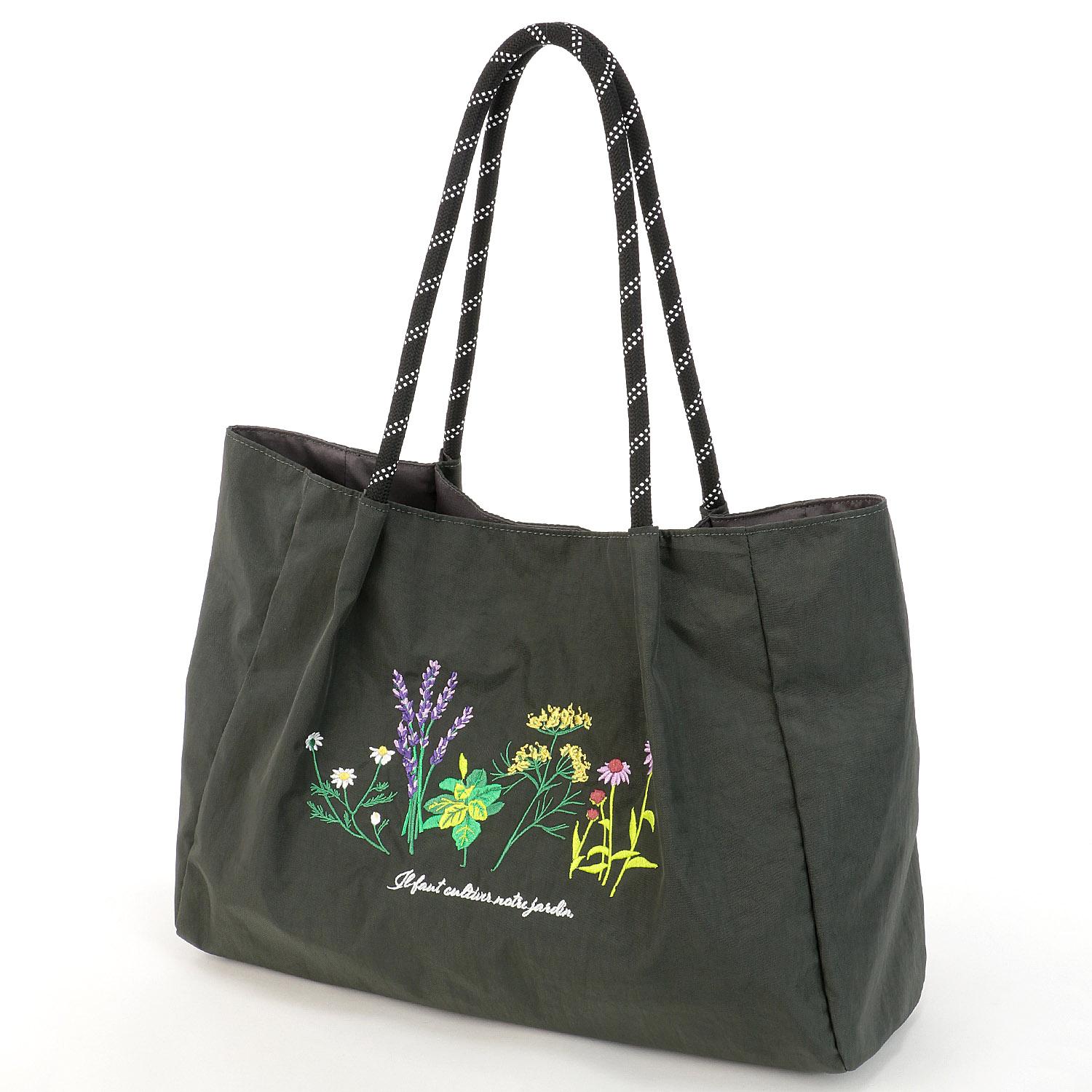 Flower Embroidered Tote Bag: Herb