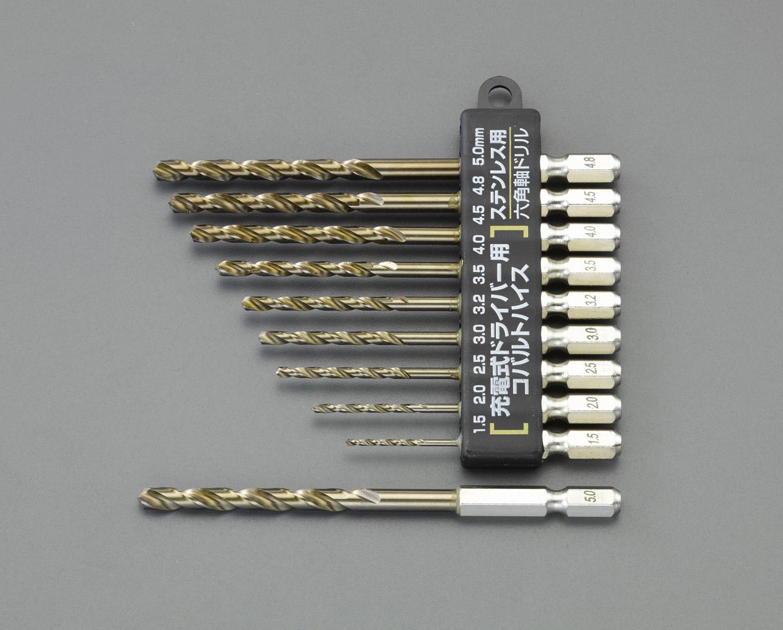 1.5–5.0 mm / 10-piece hex shank drill set (for stainless steel)