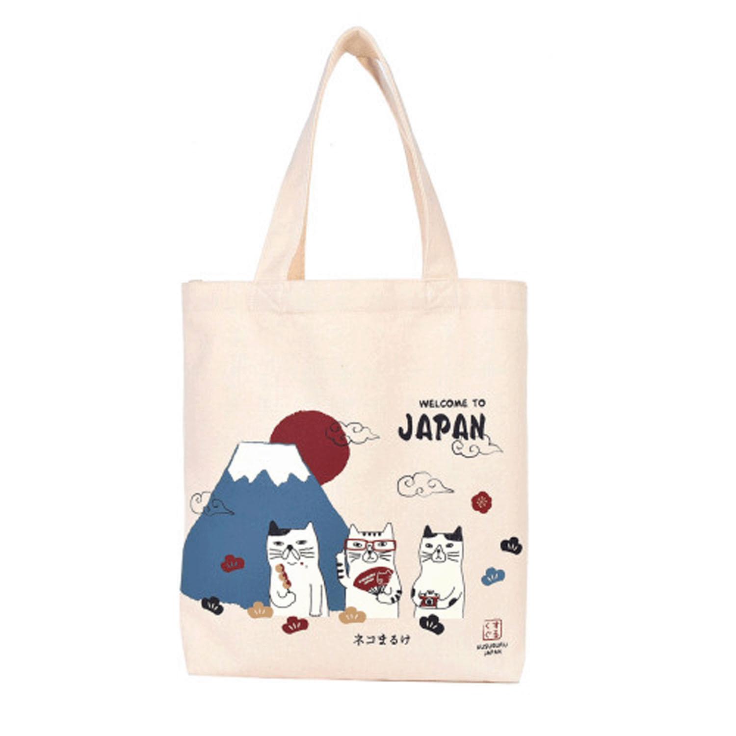 [kusuguRu] Canvas Tote Bag: Japanese Pattern Cat Print with Mount Fuji IV