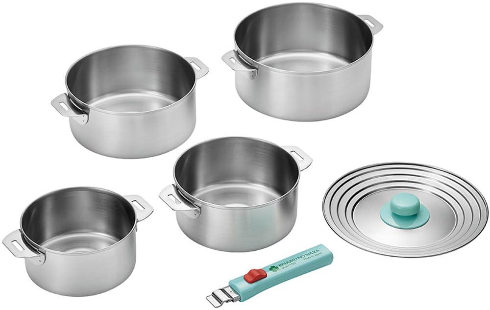 Yokoyama Tsubame Juku Craftsmanship Quattro Stainless Steel Pots 14cm & 16cm & 18cm & 20cm with Detachable Handles and Dual-Purpose Lids EJQ-1500
