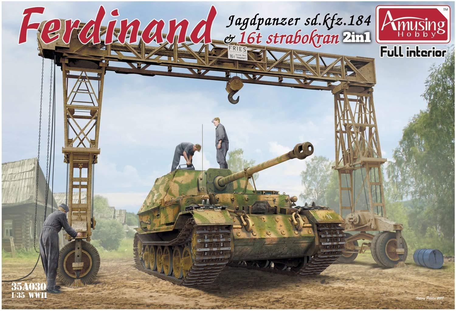 Amusing Hobby 1/35 German Heavy Tank Destroyer Ferdinand Full Interior & 16t Strabocrane Plastic Model Kit AMH35A030