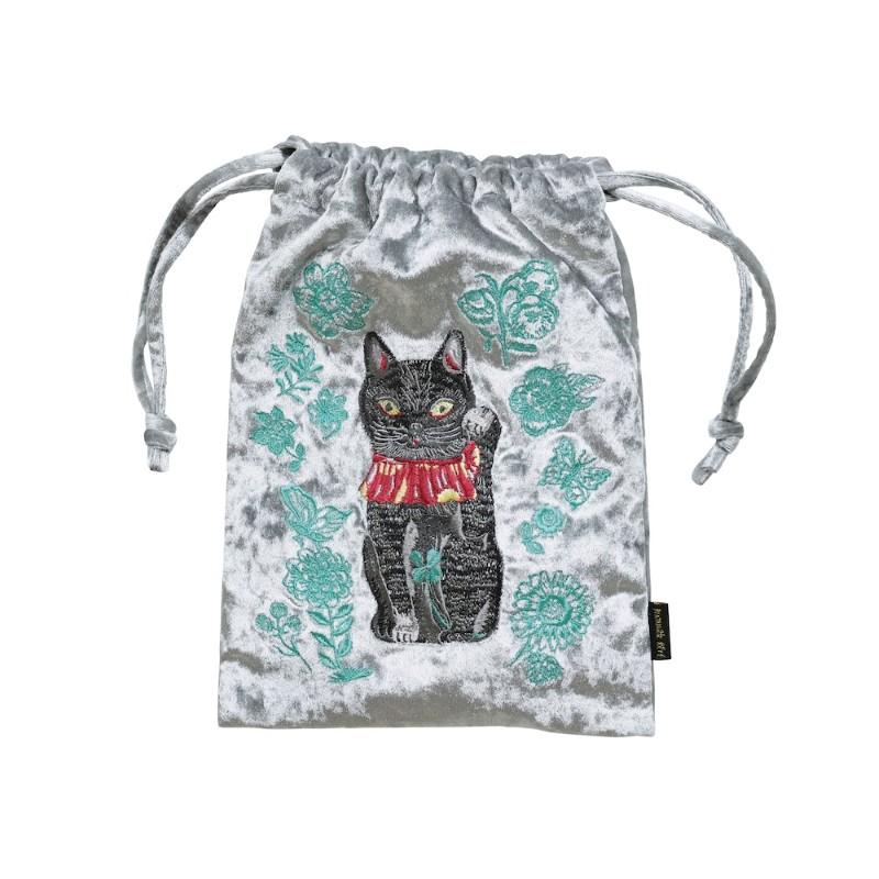 Nathalie Lete Velour Drawstring Pouch Lucky Cat-BK /511406